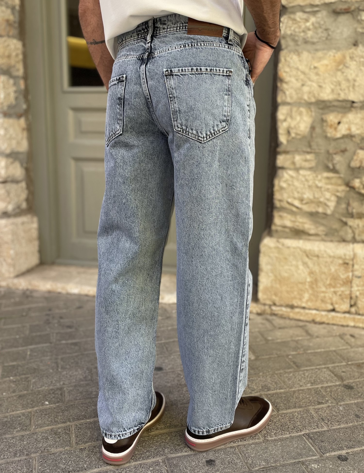 Ανδρικό μπλε πλυμένο Loose τζιν ελαστικό πεντάτσεπο με φερμουάρ G81087 φωτογραφία